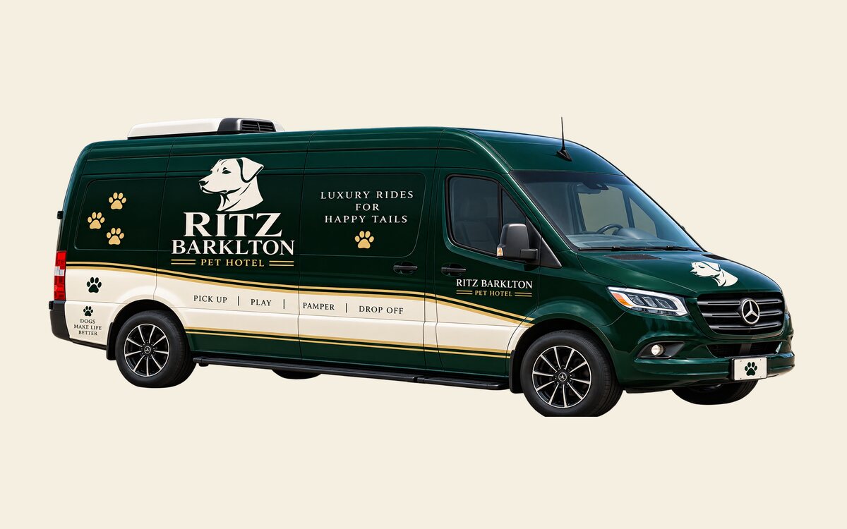 The Barkelton Bus, a dark green high-roof van in resort livery, used for multi-dog households and airport runs